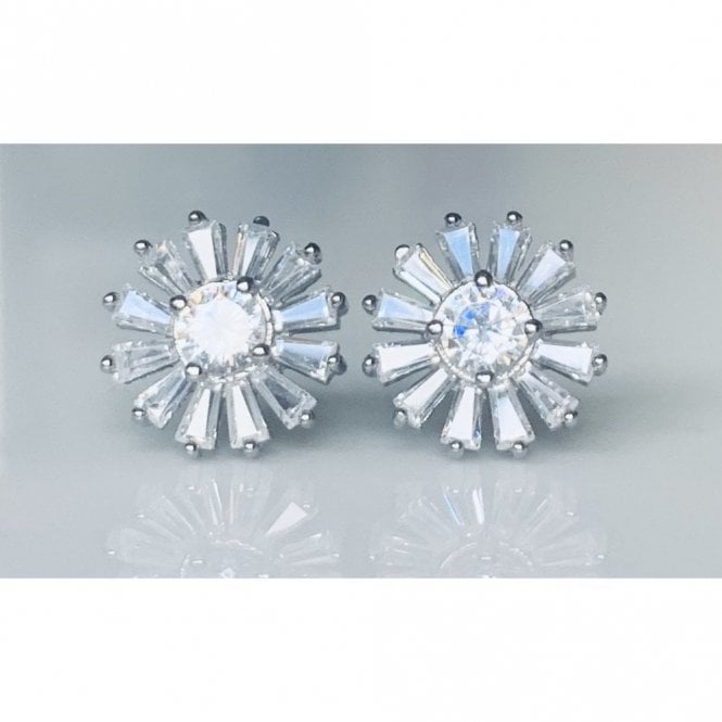 Faith Sterling Silver Sterling Silver CZ Round Beaded Edge Centre with Beaded Tip Baguette Petals Stud Earrings 11x11mm