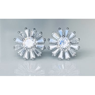 Sterling Silver CZ Round Beaded Edge Centre with Beaded Tip Baguette Petals Stud Earrings 11x11mm