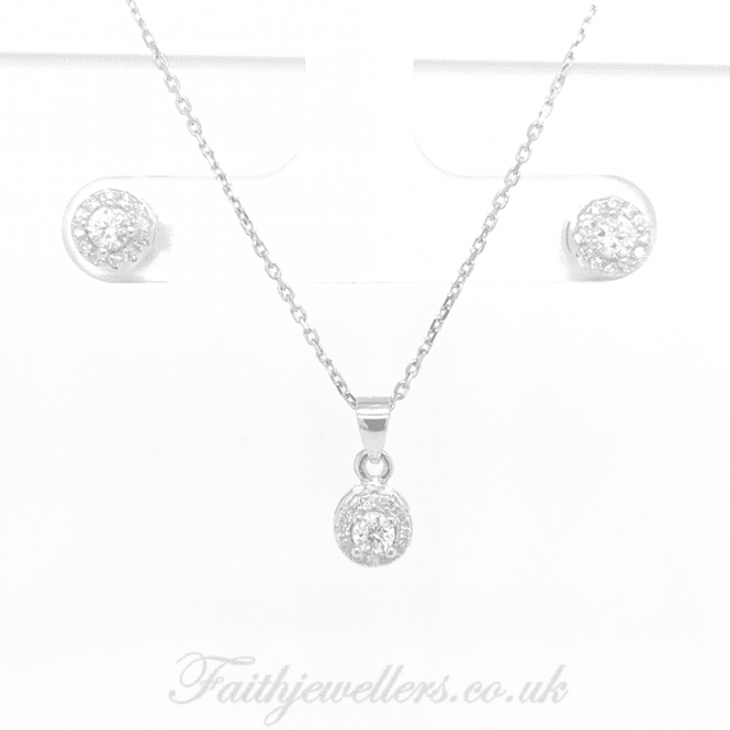 Faith Sterling Silver Sterling Silver CZ Round Centre Halo Pendant & Stud Earrings 6x6mm