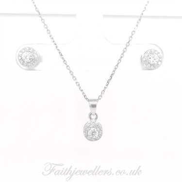 Sterling Silver CZ Round Centre Halo Pendant & Stud Earrings 6x6mm