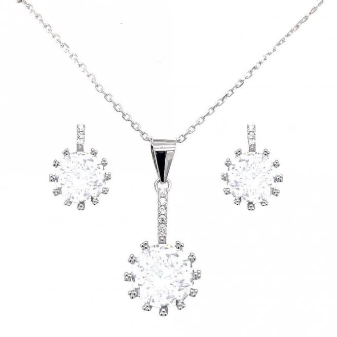 Faith Sterling Silver Sterling Silver CZ Round Cluster Earring and Pendant Set 10x16mm