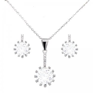 Sterling Silver CZ Round Cluster Earring and Pendant Set 10x16mm