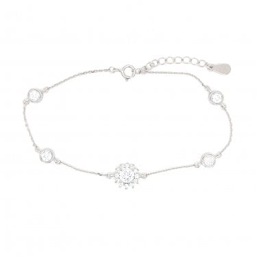 Sterling Silver CZ Round Cluster with Belcher Link & 4 Round Rubover CZ Bracelet 17+3cm