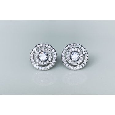 Sterling Silver CZ Round Halo with Floating Second Halo Stud Earrings 10x10mm