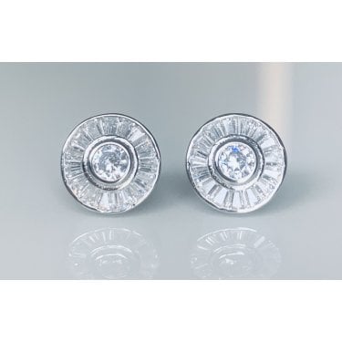 Sterling Silver CZ Round Rubover Centre with Rubover Edge Baguette Halo Stud Earrings 9x9mm