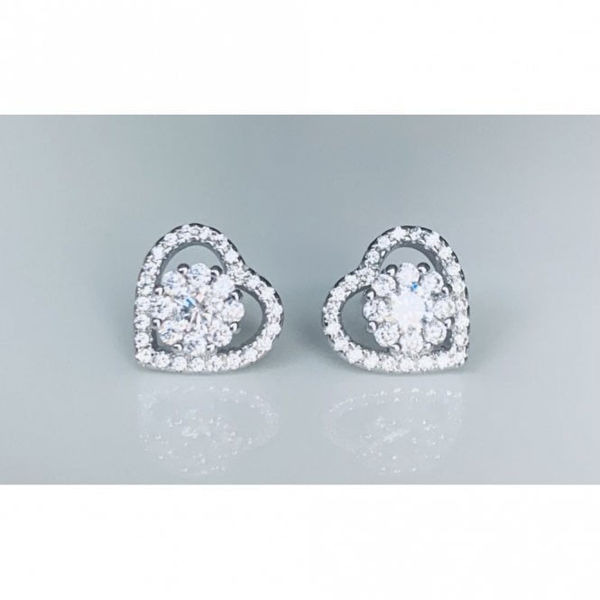 Faith Sterling Silver Sterling Silver CZ Round with Floating CZ Heart Halo Stud Earrings 10x11mm