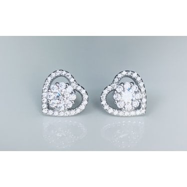 Sterling Silver CZ Round with Floating CZ Heart Halo Stud Earrings 10x11mm