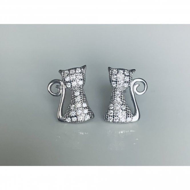 Faith Sterling Silver Sterling Silver CZ Sitting Cat Stud Earrings 11x9mm