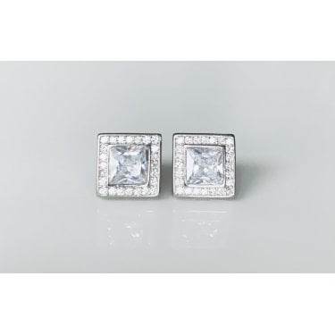 Sterling Silver CZ Square Claw Set Cluster Stud Earrings 8x8mm