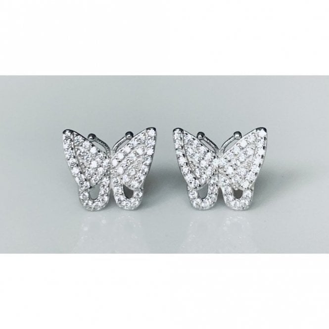 Faith Sterling Silver Sterling Silver CZ Top Wing with Open CZ Bottom Wing Butterfly Stud Earrings 10x12mm