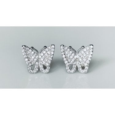 Sterling Silver CZ Top Wing with Open CZ Bottom Wing Butterfly Stud Earrings 10x12mm