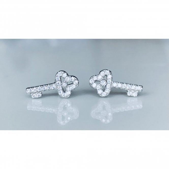 Faith Sterling Silver Sterling Silver Full Claw Set CZ Key with Centre CZ Stud Earrings 13x6mm