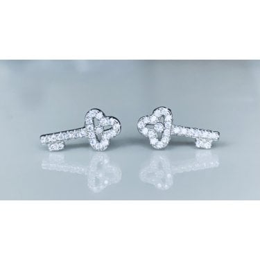 Sterling Silver Full Claw Set CZ Key with Centre CZ Stud Earrings 13x6mm