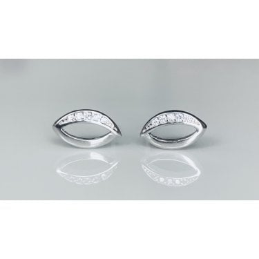 Sterling Silver Half CZ, Half Channel Set Open Marquise Stud Earrings 9x5mm