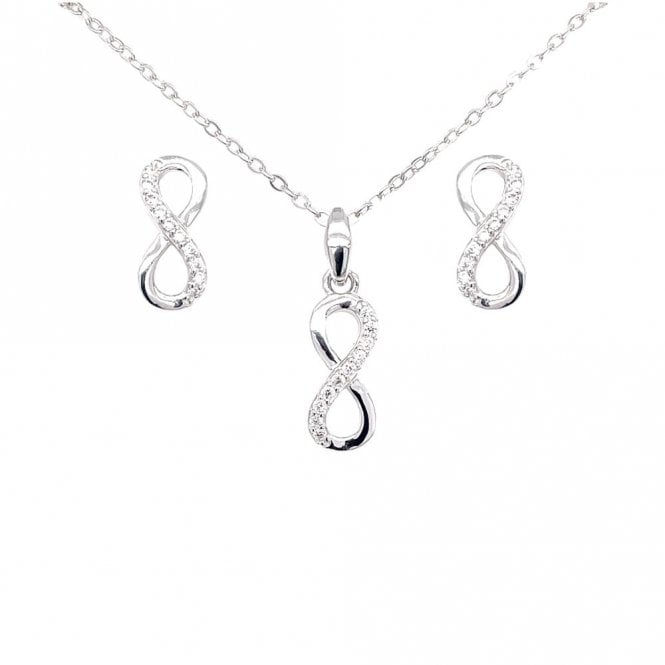 Faith Sterling Silver Sterling Silver Half CZ Half Plain Infinity Pendant & Stud Earrings 5x12mm