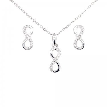 Sterling Silver Half CZ Half Plain Infinity Pendant & Stud Earrings 5x12mm