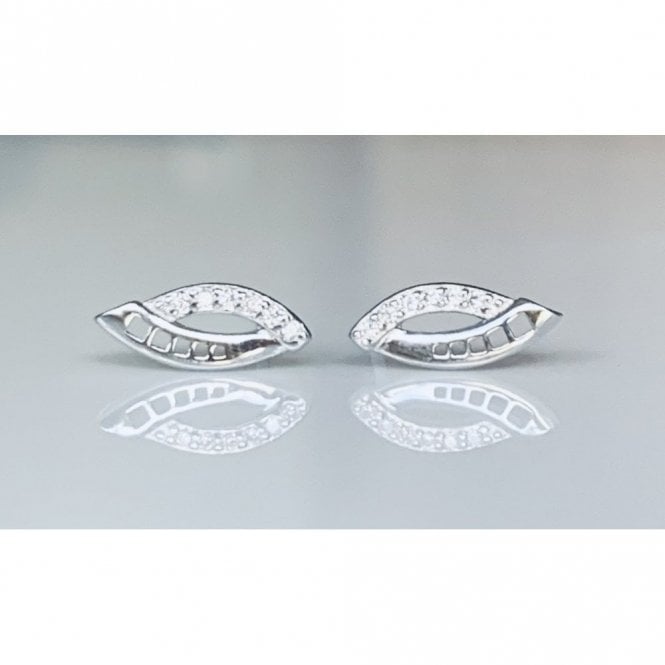 Faith Sterling Silver Sterling Silver Half CZ, Half Plain with Part CZ Open Marquise Stud Earrings 11x4mm