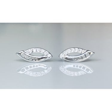Sterling Silver Half CZ, Half Plain with Part CZ Open Marquise Stud Earrings 11x4mm