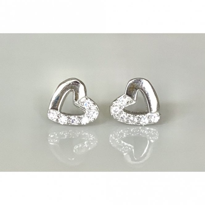 Faith Sterling Silver Sterling Silver Half Plain, Half CZ Heart Outline 7 x 8mm Stud Earrings