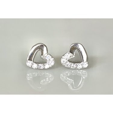 Sterling Silver Half Plain, Half CZ Heart Outline 7 x 8mm Stud Earrings