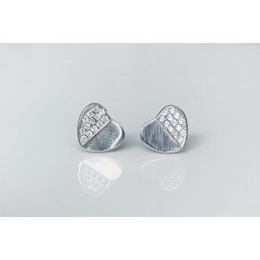 Sterling Silver Half Plain, Half CZ Heart Stud Earrings 7x8mm