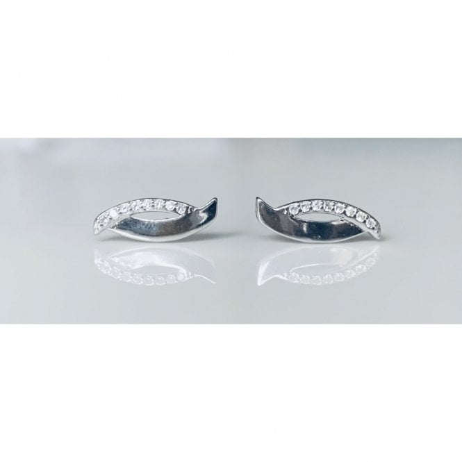 Faith Sterling Silver Sterling Silver Half Plain, Half CZ Off-Centre Open Marquise Stud Earrings 8x4mm