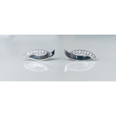 Sterling Silver Half Plain, Half CZ Off-Centre Open Marquise Stud Earrings 8x4mm