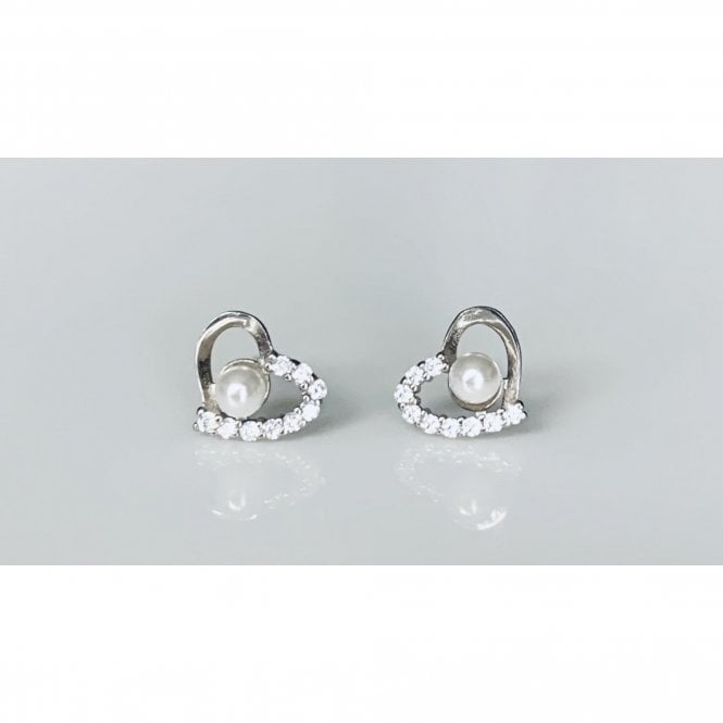 Faith Sterling Silver Sterling Silver Half Plain, Half CZ Open Heart with Pearl Centre Stud Earrings 7x9mm