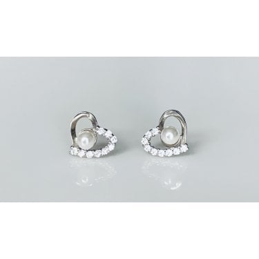 Sterling Silver Half Plain, Half CZ Open Heart with Pearl Centre Stud Earrings 7x9mm