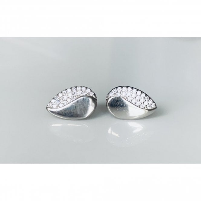 Faith Sterling Silver Sterling Silver Half Plain, Half Pave Set Teardrop Stud Earrings 13x8mm