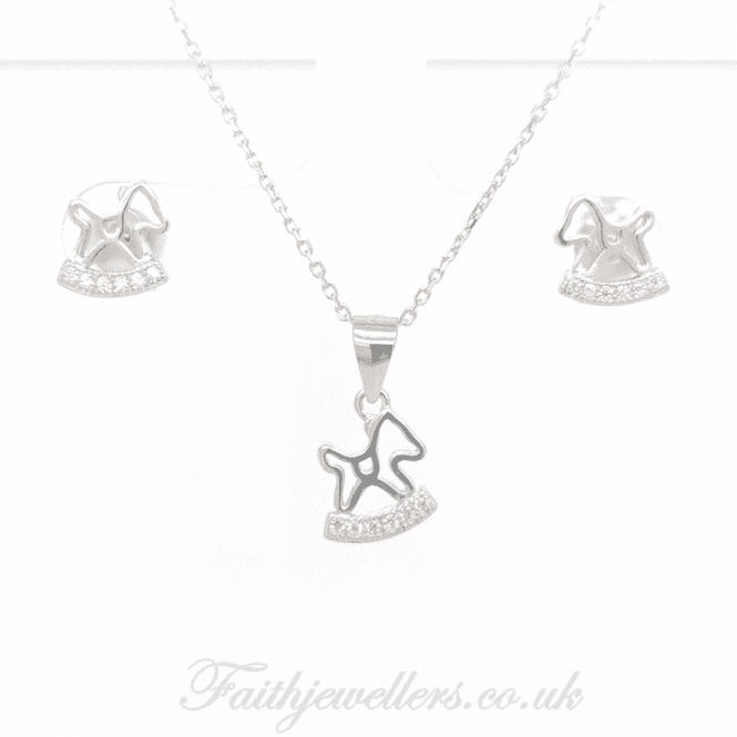 Faith Sterling Silver Sterling Silver Horse Outline with CZ Rocker Earrings & Pendant Set 8x9mm