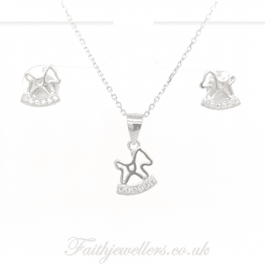 Sterling Silver Horse Outline with CZ Rocker Earrings & Pendant Set 8x9mm