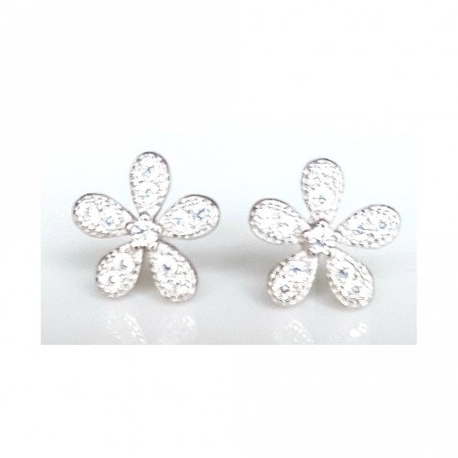 Faith Sterling Silver Sterling Silver Kids Beaded Edge Pave CZ 5 Petal Flower 8mm x 8mm Stud Earrings