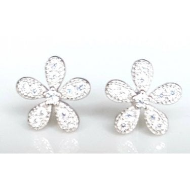 Sterling Silver Kids Beaded Edge Pave CZ 5 Petal Flower 8mm x 8mm Stud Earrings