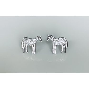 Sterling Silver Kids CZ Body, Plain Head & Legs Horse Stud Earrings 9x10mm