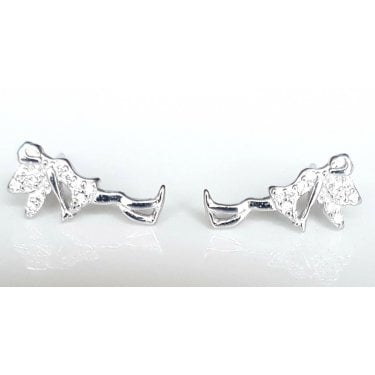 Sterling Silver Kids CZ Dress & Wings Sideways Fairy 14mm x 6mm Stud Earrings