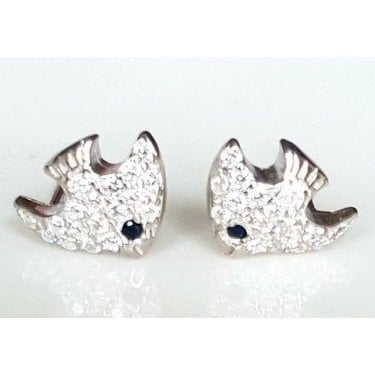 Sterling Silver Kids CZ Fish with Black CZ Eyes 9mm x 7mm Stud Earrings