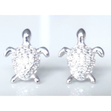 Sterling Silver Kids CZ Shell Turtle 10mm x 11mm Stud Earrings