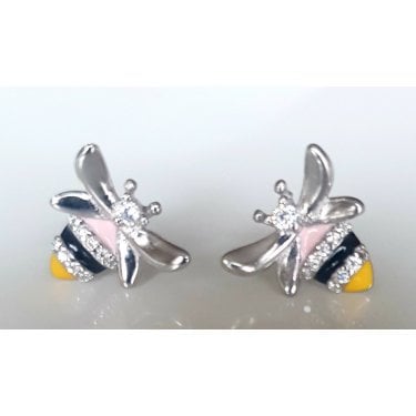Sterling Silver Kids Multicolour Body with Plain Wings Bee 11mm x 11mm Stud Earrings