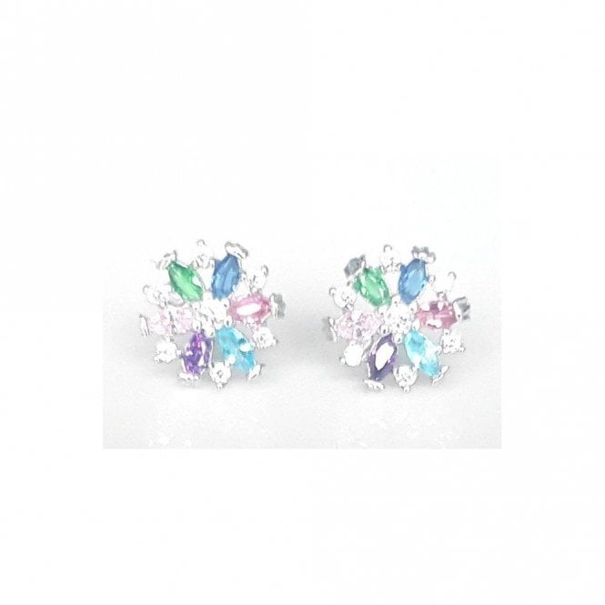 Faith Sterling Silver Sterling Silver Kids Multicolour CZ Flower with CZ Floating Halo 9mm x 9mm Stud Earrings