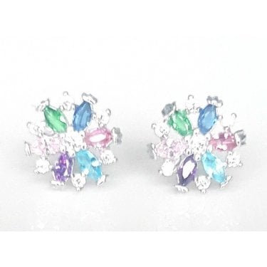 Sterling Silver Kids Multicolour CZ Flower with CZ Floating Halo 9mm x 9mm Stud Earrings
