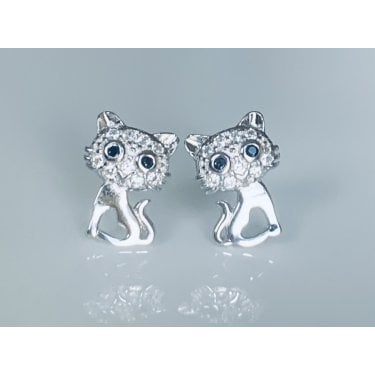 Sterling Silver Kids Open Heart Body with CZ Head & Black CZ Eyes Cat Stud Earrings 10x7mm