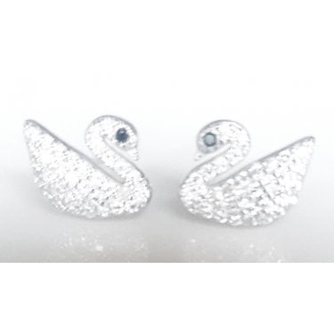 Sterling Silver Kids Pave CZ with Black CZ Eyes Swan 10mm x 8mm Stud Earrings