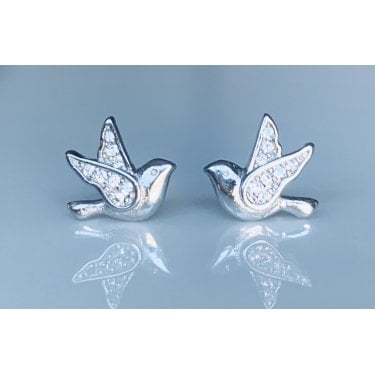 Sterling Silver Kids Plain Dove with CZ Wings Stud Earrings 8x9mm