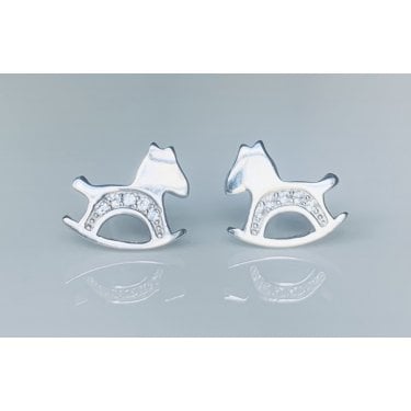 Sterling Silver Kids Plain Rocking Horse with CZ Legs Stud Earrings 8x9mm