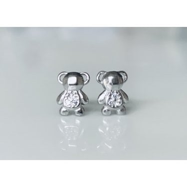 Sterling Silver Kids Plain Teddy with CZ Tummy Stud Earrings 8x5mm
