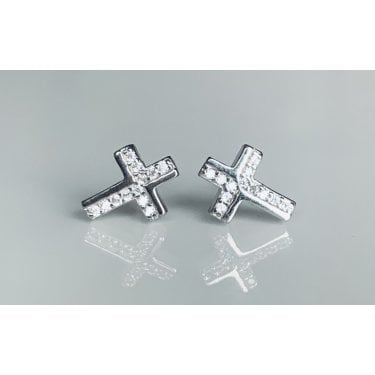 Sterling Silver Micro Set CZ Cross Stud Earrings 9x7mm