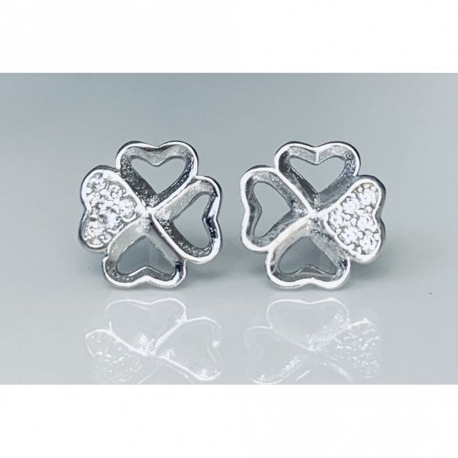 Faith Sterling Silver Sterling Silver Open 4 Leaf Clover with 1 Pave Leaf Stud Earrings 8x8mm