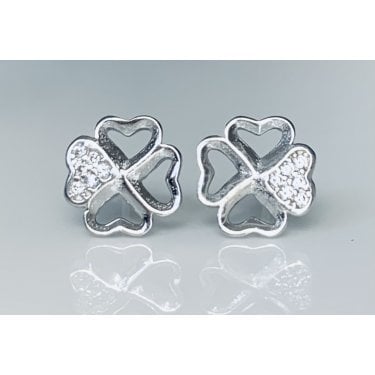 Sterling Silver Open 4 Leaf Clover with 1 Pave Leaf Stud Earrings 8x8mm