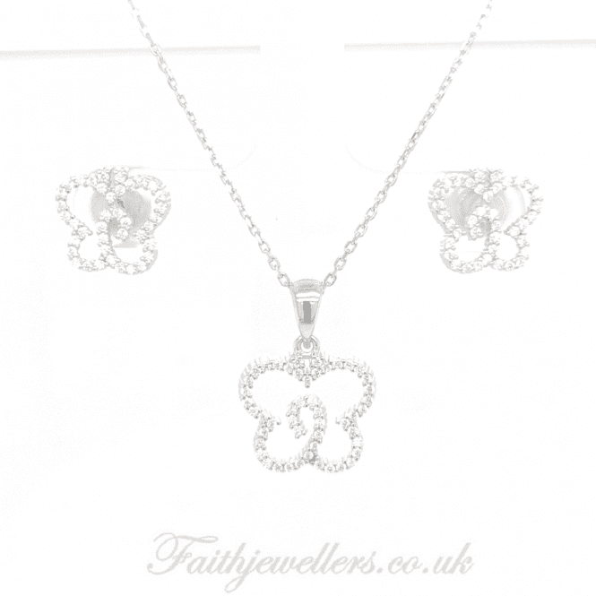 Faith Sterling Silver Sterling Silver Open CZ Outline with Centre Twist Butterfly Earrings & Pendant Set 13x11mm